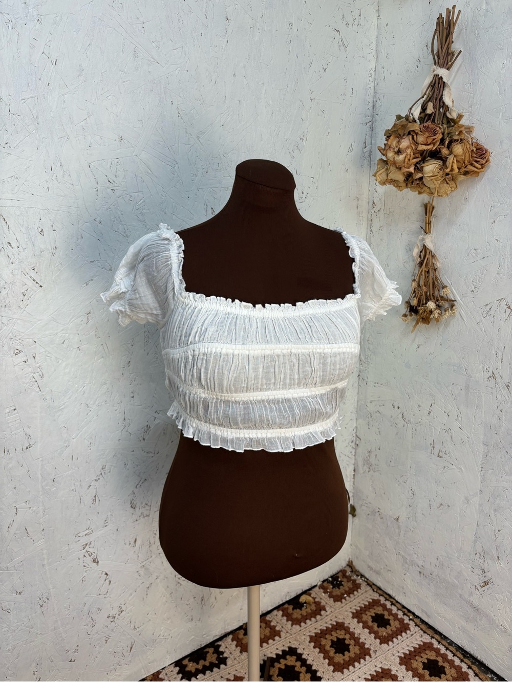 Free People One Cheri Smocked Cotton Crop Feminine Cottagecore Top Medium - Picture 2 of 5